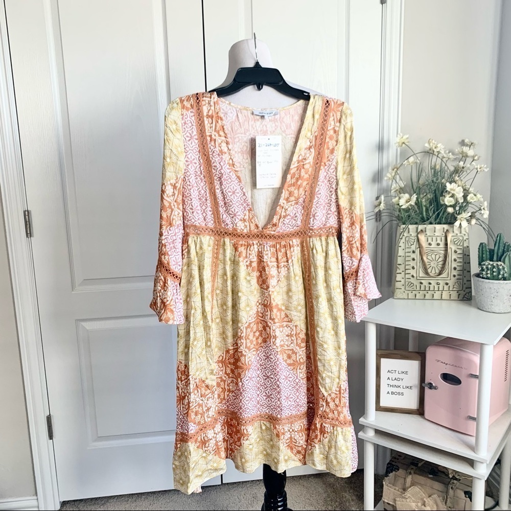 Olivaceous Boho Crochet Midi Dress NWT Small Yellow Orange Bell‎ Sleeve As Is